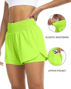 Shorts Deportivos de Cintura Alta para Mujer, Color Verde Neón, con Bolsillos, Cintura Elástica, Secado Rápido, Tejido de Punto, Spandex, Poliéster, Estilo Motociclista, Ropa Deportiva - Product Image 2