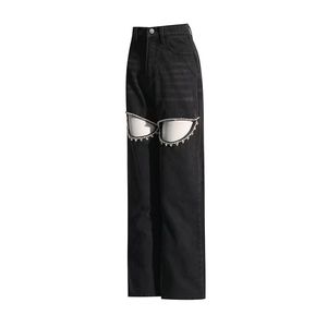 Pantalon en jean taille haute à jambe large noir, coupe ample, déchiré, orné de perles, style streetwear, fermeture boutonnée - Product Image 3