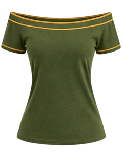 T-shirt vert olive pour femme, épaules dénudées, avec bordure contrastante moutarde, manches courtes, coupe ajustée, décontracté, haut d'été, fabricant - Product Image 1