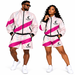 Unisex pink <b>white</b> <b>tracksuit</b> set pink sportswear set <b>white</b> color blocking sporty jacket shorts quick dry summer wear outfit - Product Image 2
