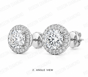 Elegant round halo diamond <b>stud</b> earrings with brilliant center stone surrounded by micro pave diamonds in polished white metal - Product Image 4