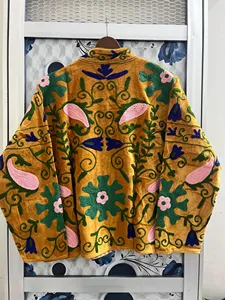 Chaqueta de Algodón con Bordado Suzani en Terciopelo Amarillo Mostaza de Lujo, Patrón Floral, Estilo Boho, Manga Larga, Cuello Alto, Abrigo de Invierno para Mujer - Product Image 2