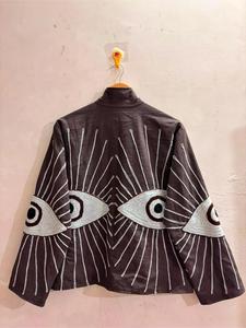 Elegant Dark Grey <b>Velvet</b> Floral Embroidered Suzani <b>Jacket</b> with Eye Pattern Full Sleeve Stand Collar Handmade Boho Winter Coat - Product Image 2