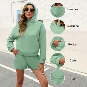 Conjunto de Sudadera con Capucha y Pantalones Cortos para Mujer, Color Sólido, Tejido de Algodón, Informal, de Dos Piezas, para Verano - Product Image 5