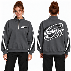 Sweat-shirt gris pour femme Storm Fit à fermeture éclair quart de tour, impression de logo personnalisée, coupe classique, tricoté, coupe-vent, respirant pour l'hiver - Product Image 1