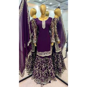 Beau haut pour femme-ensemble Gharara et Dupatta avec travail de séquence de broderie lourde - Product Image 5