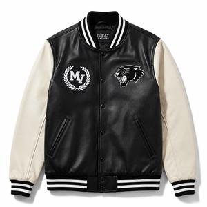 Veste universitaire Furat Leathers, noire, avec manches en cuir moutarde, col montant, style bomber classique, décontractée, style hiver, coupe-vent, respirante - Product Image 4