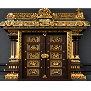 Porte de Mandir en teck sculptée à la main avec des sculptures de Ganesha et Lakshmi, style antique, porte d'entrée de temple du sud de l'Inde avec travail Nakshi - Product Image 4