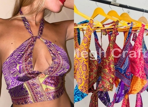 Indian Vintage Silk Boho <b>Top</b> Reversible Recycled Halter <b>Top</b> for Women Wholesale Back Tie-Up <b>Top</b> Breathable Quick Dry Summer Wear - Product Image 5