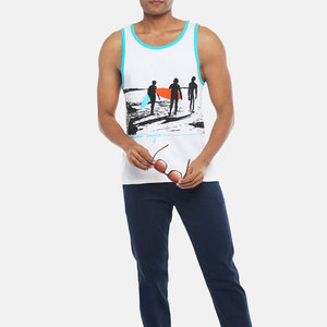 Men's White Tank Top With Surf Silhouette Print Blue <b>Trim</b> Casual O-Neck Sleeveless Top Front Design - Product Image 5
