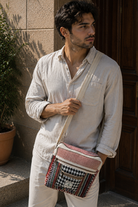 Bolso bandolera tejido con paneles textiles geométricos, bolsillo frontal con cremallera y correa ajustable para bolsos de mano para mujer - Product Image 3