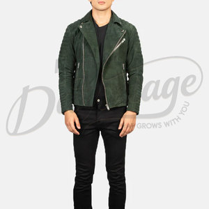 Blouson de motard en cuir suédé vert émeraude pour homme, coupe ajustée, épaules matelassées, en cuir véritable, vêtement de moto - Product Image 4