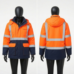Veste de travail en toile de polyester de qualité supérieure 300 GSM, imperméable, respirante, à capuche, avec empiècements orange et bleu marine réfléchissants, pour l'hiver - Product Image 4