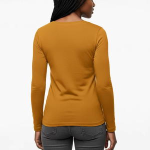 T-shirt en tricot à manches longues et col rond jaune moutarde pour femme, décontracté, respirant, couleur unie, produit le plus vendu - Product Image 3
