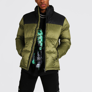 Blouson en toile chaud pour homme avec rembourrage matelassé personnalisé en duvet de canard, Nouveautés, Design bicolore vert doux et noir, Fermeture éclair, Col montant - Product Image 2