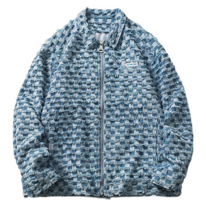 High Street Vintage Denim Jacket Men Harajuku Checker Tassel Varsity Coat Spring Casual Windbreaker Chaquetas sueltas Unisex coreano - Product Image 4
