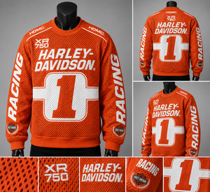 เสื้อสเวตเชิ้ตผู้ชาย H-D สีส้ม ผ้าตาข่ายพิมพ์ลายซับลิเมชั่น พร้อมลายหมายเลข 1 ดีไซน์สำหรับนักแข่ง ระบายอากาศได้ดี ผลิตจากโพลีเอสเตอร์ สไตล์สปอร์ต คอกลม - Product Image 4