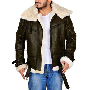 Men's Winter Genuine Leather Canvas Windproof Sherpa Lined <b>Stand</b> Collar Zip-Up Flight Jacket Casual - Product Image 1