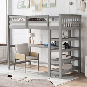 Letto a soppalco singolo con mensole grigie e scrivania sottoletto per bambini - Vecchio SKU SM000245AAE 1 - Product Image 1