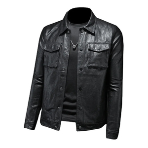 Chaqueta de Motociclista de Cuero Genuino para Hombre, Cuello Alto, Cierre de Cremallera, Corte Regular, Estilo Otoñal, Color Negro Sólido - Product Image 2