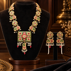 <b>Gold</b> Plated Red Green Meenakari Kundan Style Necklace and Earrings <b>Set</b> with Faux Pearls Bridal Jewelry Wholesale Bulk Supply - Product Image 3
