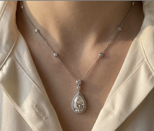 Women's White Gold Pear-Cut Teardrop Diamond Halo Pendant <b>Necklace</b> with Stationed Accents - Product Image 1