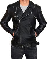 Blouson moto en cuir véritable noir pour homme avec fermeture éclair et ceinture, coupe ajustée, style motard, pour l'automne