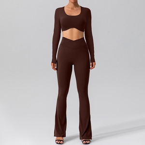 Conjunto de Top Corto de Manga Larga Verde Oliva para Mujer con Pantalones Acampanados, Tejido Minimalista de Spandex y Poliéster, Cuello Redondo, Color Sólido - Product Image 5