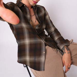 Chemise en flanelle à carreaux marron pour homme, manches longues, col rabattu, vêtement décontracté d'automne, chemise en coton tissé respirant - Product Image 5