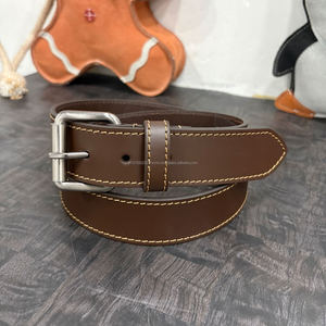 Ceinture en cuir véritable de qualité supérieure pour hommes avec surpiqûres contrastées et boucle en argent satiné, boucle à ardillon - Product Image 5