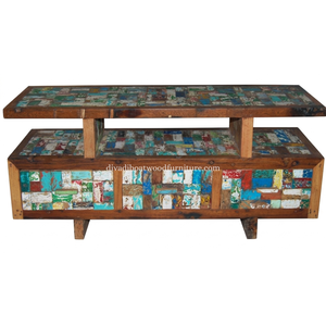 Meuble TV en bois de bateau récupéré, 3 tiroirs, style double plateau, patchwork, bois recyclé, design durable pour support TV - Product Image 5