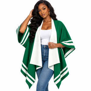 HMR Sorority Sisterhood Green White Striped <b>Poncho</b> Batwing Sleeve Long Casual Sweater 100% Polyester Sweater - Product Image 3