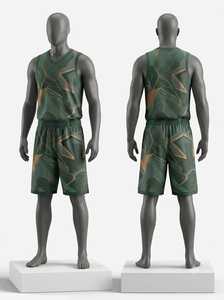 Ensemble de maillot de basket-ball géométrique vert pour hommes, débardeur sans manches à col en V avec short à taille élastique, vêtements de sport respirants - Product Image 1