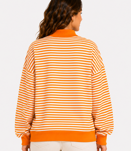 Trendy Horizontal Striped Mock Neck Sweatshirt Casual Loose Fit <b>Drop</b> Shoulder Pullover Custom Brand Collegiate Women Clothing - Product Image 3
