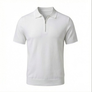 Polo en tricot blanc à manches courtes pour homme avec fermeture éclair, design uni décontracté, coupe classique - Product Image 1