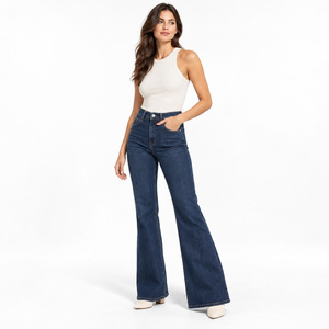 Jeans Acampanados de Cintura Alta para Mujer - Pantalones de Mezclilla Rígidos Azul Oscuro Estilo Y2K Ajuste Ceñido Venta al por Mayor Marca Privada - Product Image 3