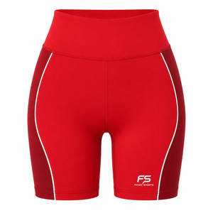 Shorts cycliste femme taille haute color block rouge bordeaux et blanc, logo personnalisé, extensible, pour gym, yoga, fitness, vêtements de sport, vente en gros - Product Image 1