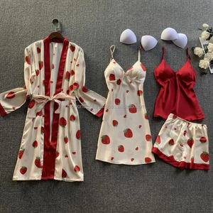 Women's Spandex/Cotton Luxury Silk Nightgown Set 4-Piece Floral Printed Autumn Breathable Quick Dry Knitted Fabric Holiday - Product Image 4