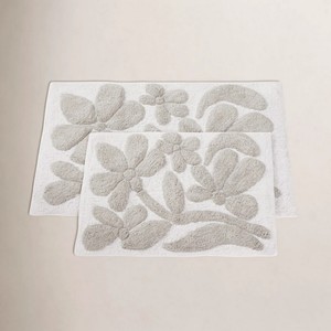 Floral Cotton Bath <b>Mats</b> Rectangle 2 Piece <b>Set</b> Embossed Flower Design Non Slip Rubber Backing Thick Tufted for Home <b>Bathroom</b> Use - Product Image 1