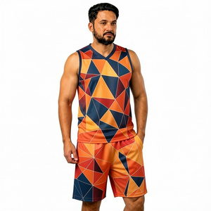 Conjunto de camiseta sin mangas y pantalones cortos con estampado geométrico para hombre, cuello en V, de secado rápido, tejido de poliéster, estilo deportivo, para verano. - Product Image 1