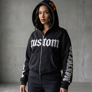 Custom Men Black Hooded <b>Graphic</b> <b>Zip</b> <b>Up</b> Streetwear <b>Hoodie</b> Gothic Print Sleeve Design Fashion Outerwear New Trendy Style For Men - Product Image 6