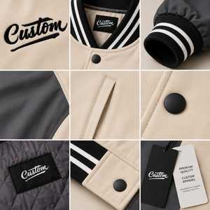 Veste universitaire personnalisée pour homme, beige et gris, avec lettres brodées sur le devant, col rabattable, coupe décontractée, coupe régulière, coupe-vent, respirante - Product Image 5