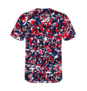 Maillot de baseball personnalisé pour homme, imprimé camouflage rouge et bleu, col en V, manches courtes, polyester sublimé, vêtement respirant - Product Image 6