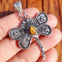 Pendentif Papillon en Laiton Fait Main avec Œil de Tigre, Breloque Florale en Pierre Naturelle, Collier Bohème Unisexe, Cadeau d'Anniversaire
