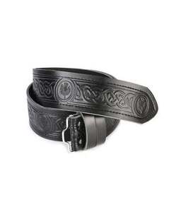 Ceinture écossaise en cuir de vachette brodée style tartan avec boucle ardillon en acier, décontractée et durable, noire - Product Image 1