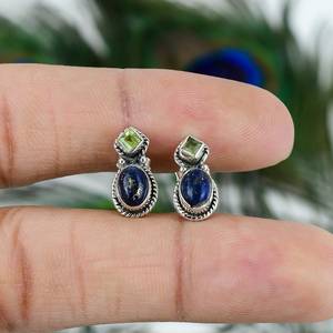Natural Lapis Lazuli And Peridot Gemstone <b>Stud</b> <b>Earrings</b> 925 Sterling Silver Oval Shape Trendy Women's Jewelry for Wedding Party - Product Image 6