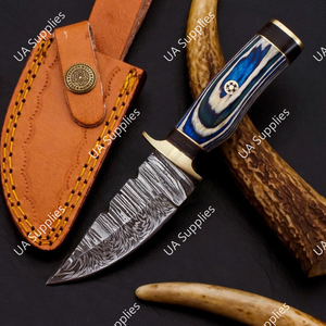 Razor Sharp Damascus Steel Fixed Drop Point EDC Knife Blue Pakka Wood Handle Brass Guard Premium OEM/ODM Skinner Camping Knife - Product Image 6