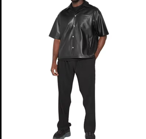 High Quality 100% Leather Turtleneck Short Sleeve Baggy Shirt Men Oversized Plain Dyed Solid Casual Windproof Breathable Quick - Product Image 4