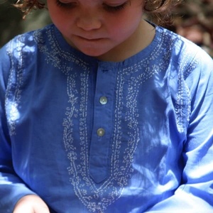 Cool N Classy Blue Short <b>Kaftan</b> Crafted By 100% Soft Cotton Featuring With Beautiful Embroidery Long Sleeves & Front Buttons - Product Image 3