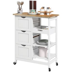 Carrello da Cucina Moderno Bianco con Ripiani in Rovere, Cassetti, Struttura in Acciaio e Design Regolabile - Product Image 1